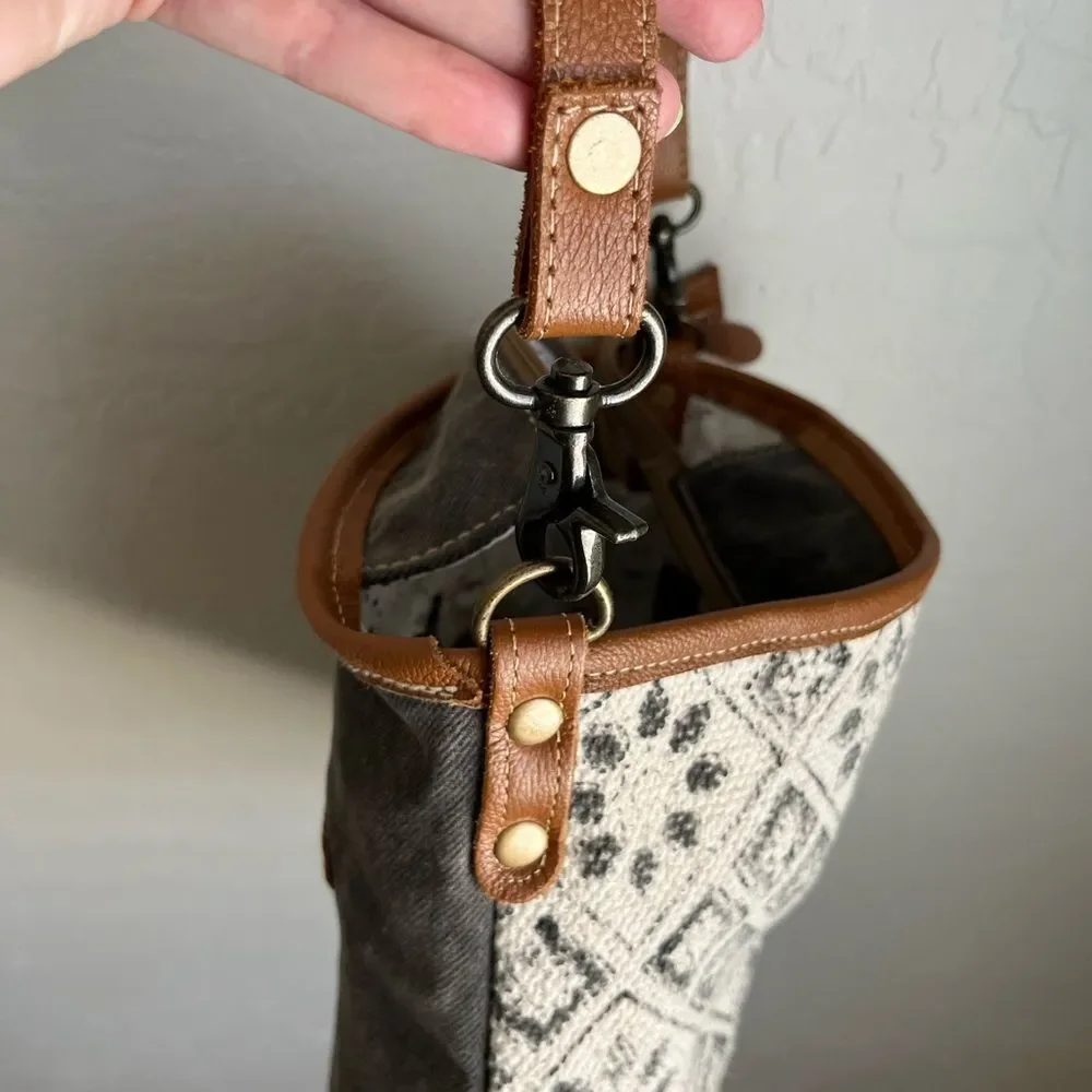 Myra Tessellated Rug Calf Hair Leather Canvas Shoulder Tote Adjustable Strap Bag